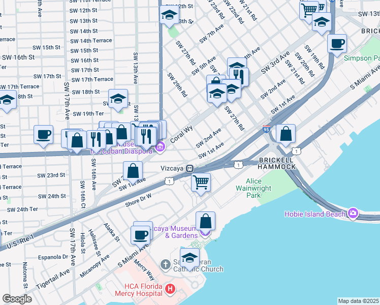 map of restaurants, bars, coffee shops, grocery stores, and more near 1103 Southwest 22nd Terrace in Miami