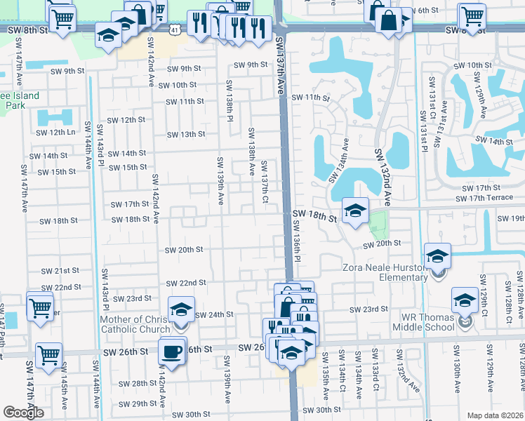 map of restaurants, bars, coffee shops, grocery stores, and more near 13740 Southwest 18th Street in Miami
