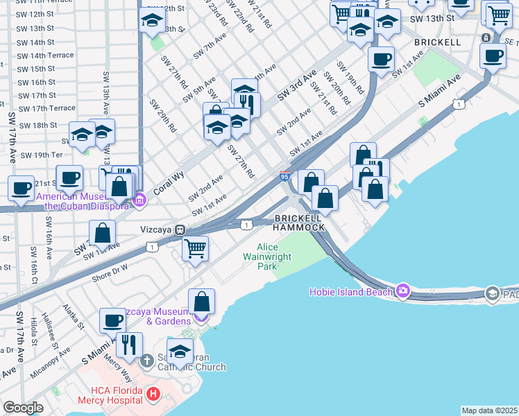 map of restaurants, bars, coffee shops, grocery stores, and more near 25 Southwest 28th Road in Miami