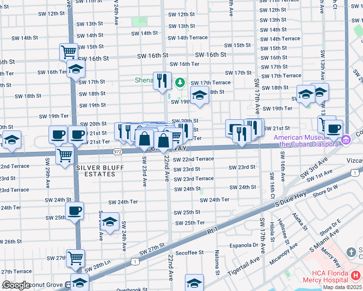 map of restaurants, bars, coffee shops, grocery stores, and more near 2135 Coral Way in Miami