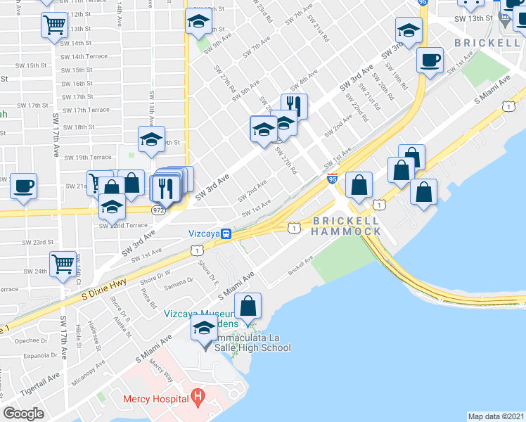 map of restaurants, bars, coffee shops, grocery stores, and more near 2941 Southwest 1st Avenue in Miami