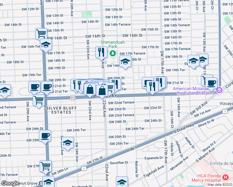 map of restaurants, bars, coffee shops, grocery stores, and more near 2135 Coral Way in Miami