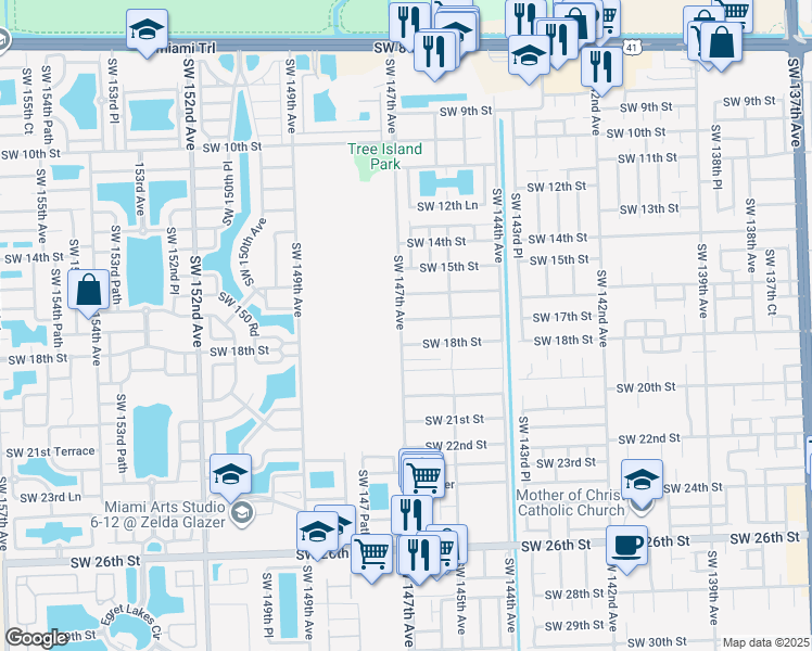 map of restaurants, bars, coffee shops, grocery stores, and more near 14681 Southwest 18th Street in Miami