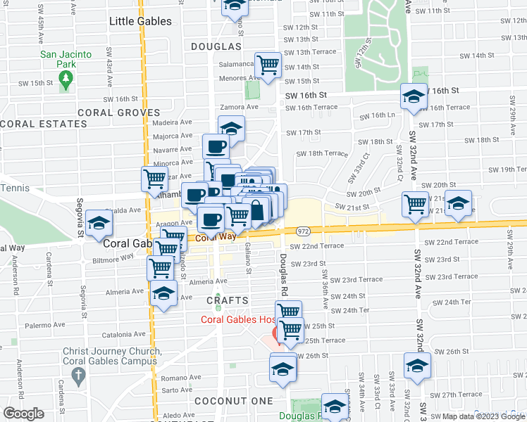 map of restaurants, bars, coffee shops, grocery stores, and more near 6 Aragon Avenue in Coral Gables