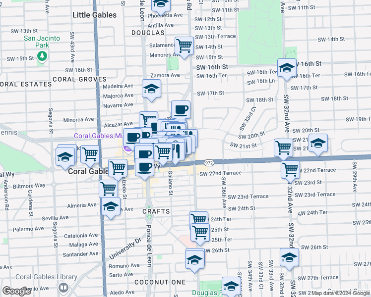 map of restaurants, bars, coffee shops, grocery stores, and more near 55 Merrick Way in Miami