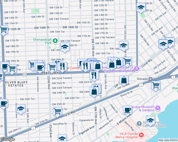 map of restaurants, bars, coffee shops, grocery stores, and more near 1750 Coral Way in Miami
