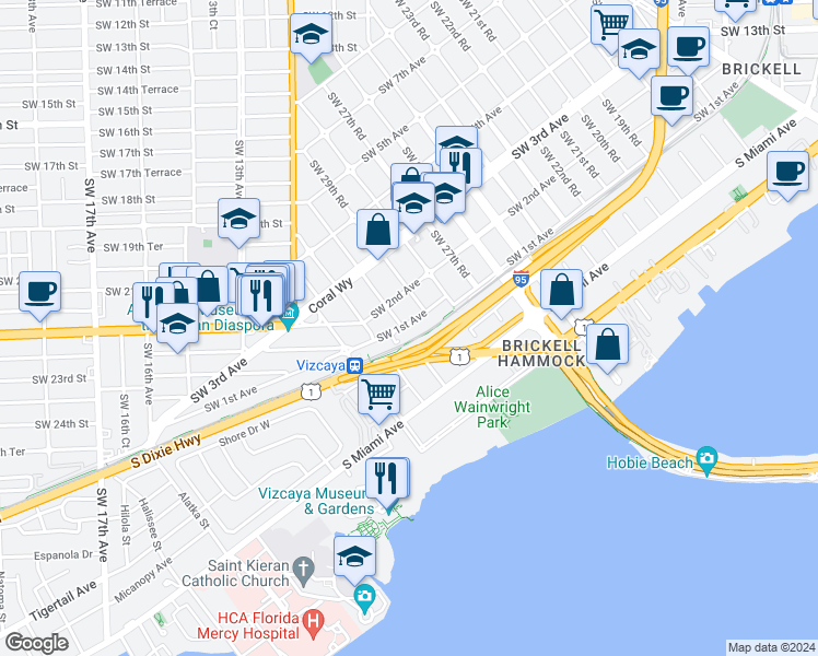 map of restaurants, bars, coffee shops, grocery stores, and more near 2955 Southwest 1st Avenue in Miami