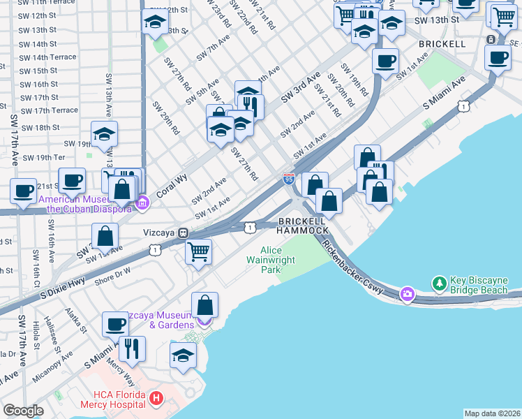 map of restaurants, bars, coffee shops, grocery stores, and more near 25 Southwest 28th Road in Miami