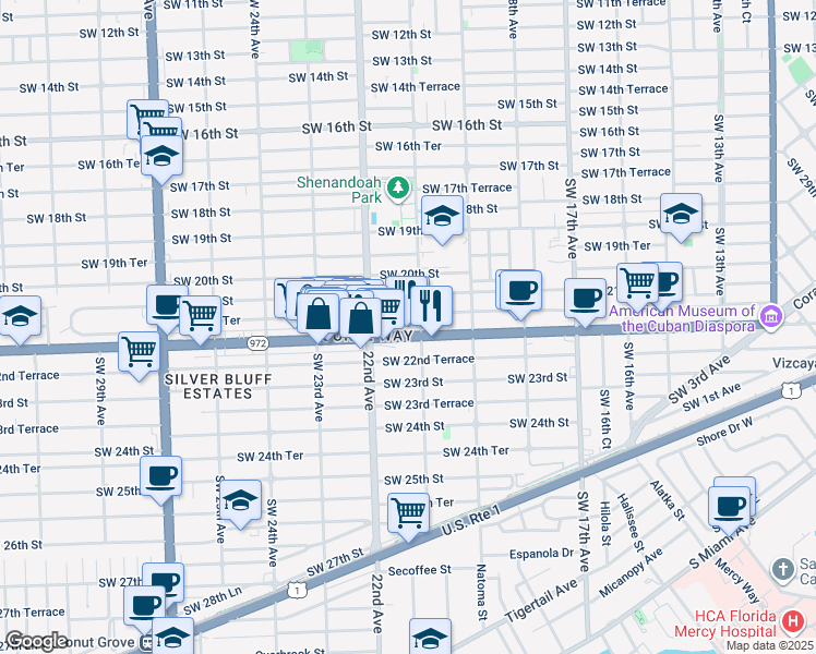 map of restaurants, bars, coffee shops, grocery stores, and more near 2135 Coral Way in Miami