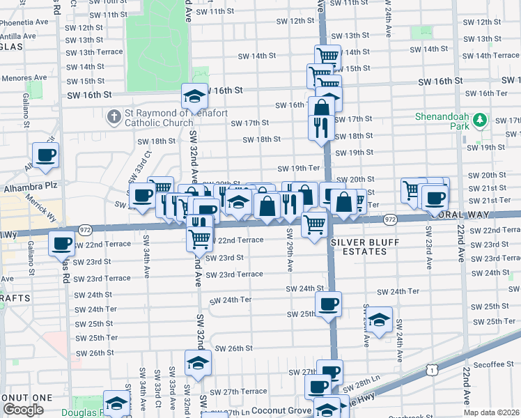 map of restaurants, bars, coffee shops, grocery stores, and more near 3025 Coral Way in Miami