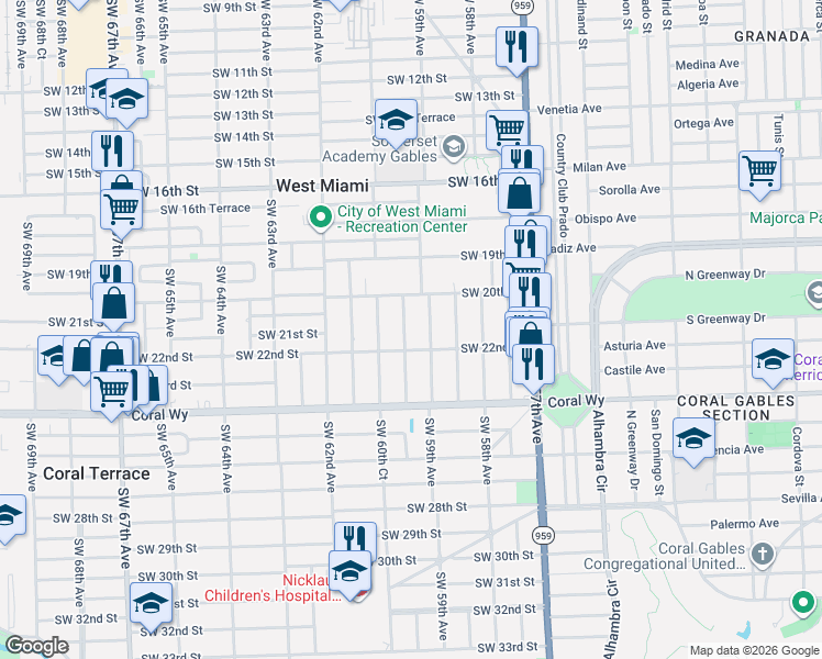 map of restaurants, bars, coffee shops, grocery stores, and more near 5929 Southwest 22nd Street in Miami