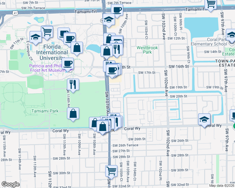 map of restaurants, bars, coffee shops, grocery stores, and more near 10621 Southwest 20th Terrace in Miami