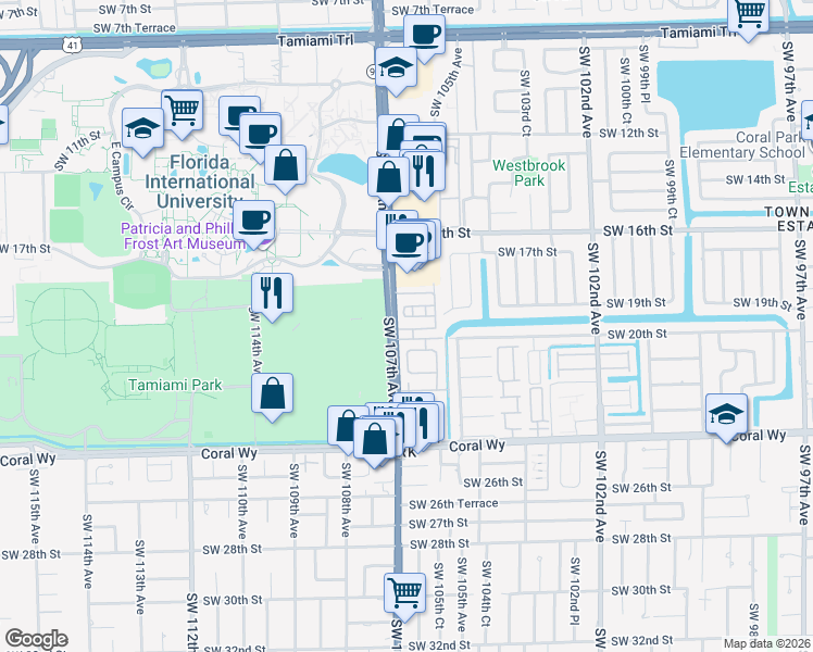 map of restaurants, bars, coffee shops, grocery stores, and more near 10621 Southwest 20th Terrace in Miami