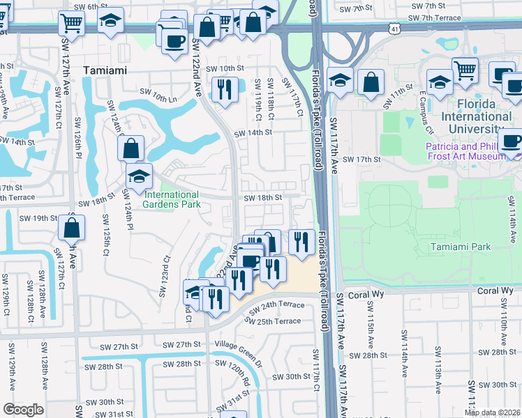 map of restaurants, bars, coffee shops, grocery stores, and more near 269 Southwest 122nd Avenue in Miami