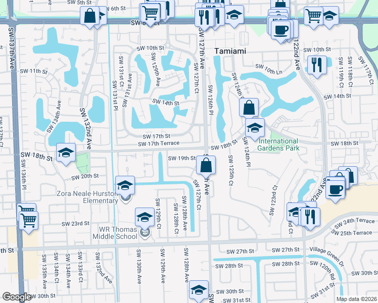 map of restaurants, bars, coffee shops, grocery stores, and more near 12750 Southwest 19th Street in Miami