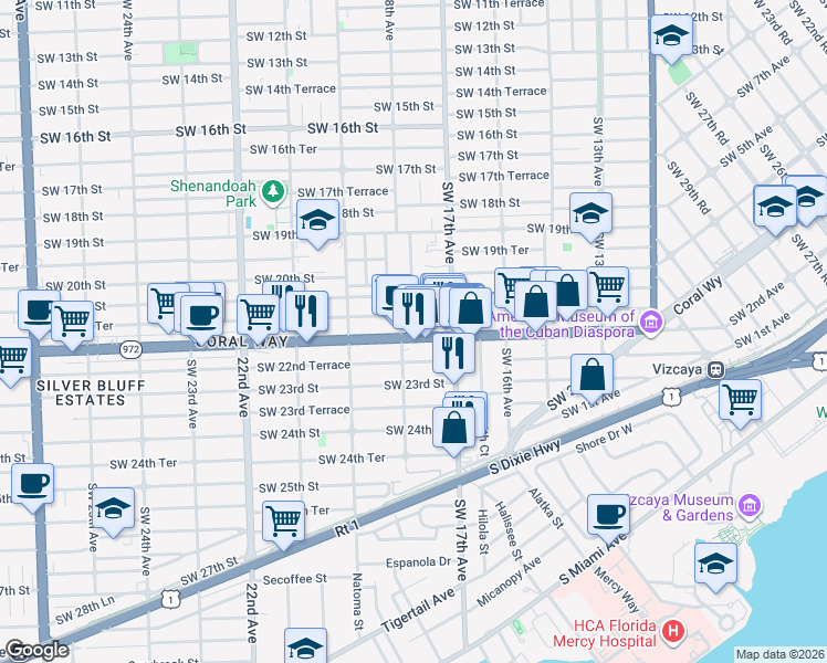 map of restaurants, bars, coffee shops, grocery stores, and more near 1750 Coral Way in Miami