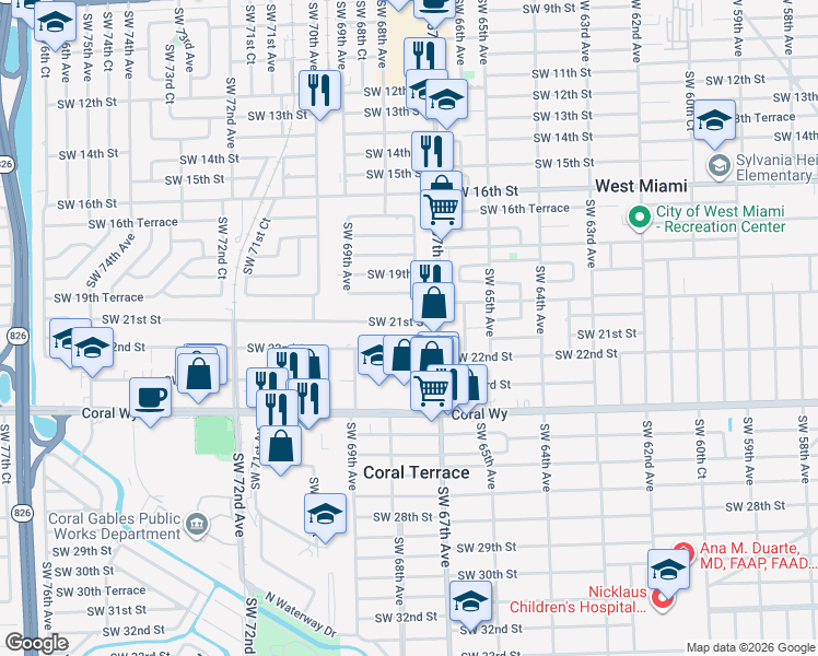 map of restaurants, bars, coffee shops, grocery stores, and more near 6801 Southwest 22nd Street in Miami