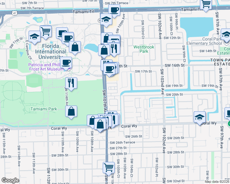 map of restaurants, bars, coffee shops, grocery stores, and more near 10621 Southwest 20th Terrace in Miami