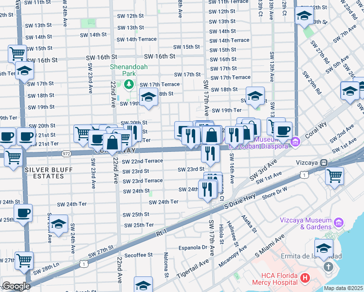 map of restaurants, bars, coffee shops, grocery stores, and more near in Miami