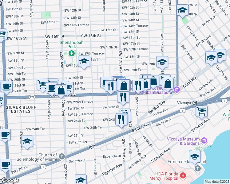 map of restaurants, bars, coffee shops, grocery stores, and more near 1750 Coral Way in Miami
