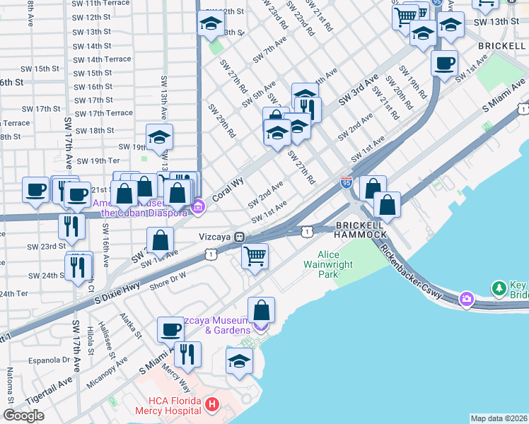 map of restaurants, bars, coffee shops, grocery stores, and more near 3055 Southwest 1st Avenue in Miami