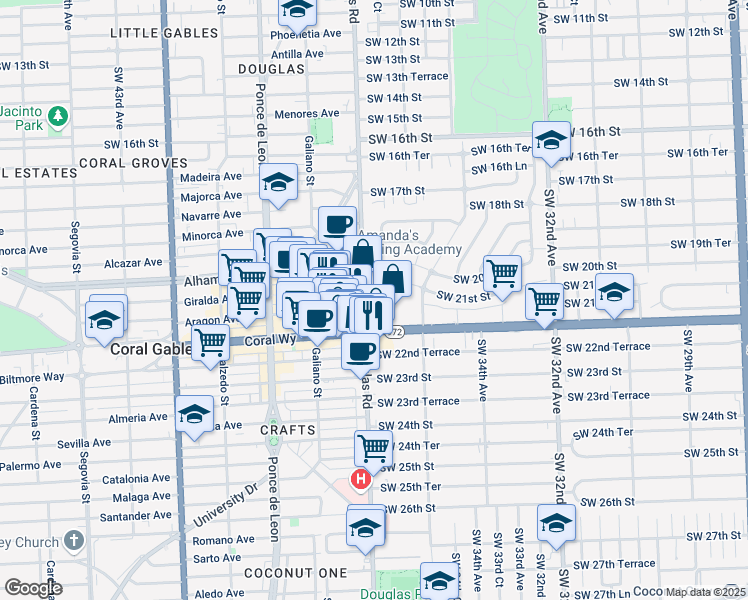 map of restaurants, bars, coffee shops, grocery stores, and more near 3655 Southwest 22nd Street in Miami