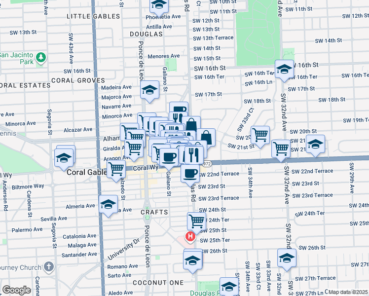 map of restaurants, bars, coffee shops, grocery stores, and more near 3655 Southwest 22nd Street in Miami