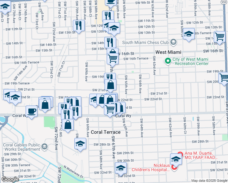 map of restaurants, bars, coffee shops, grocery stores, and more near 2001 Ludlam Road in Miami
