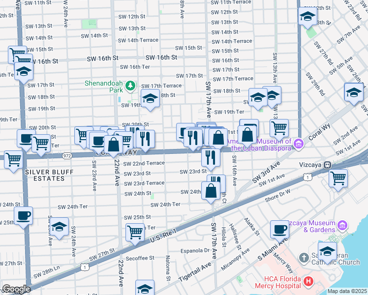map of restaurants, bars, coffee shops, grocery stores, and more near 1801 Southwest 22nd Terrace in Miami
