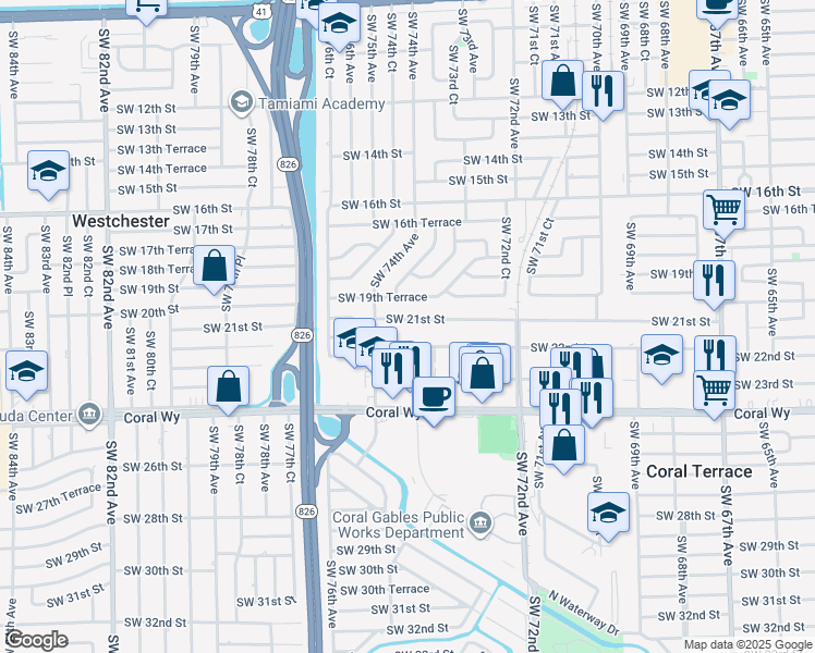 map of restaurants, bars, coffee shops, grocery stores, and more near 7435 Southwest 22nd Street in Miami