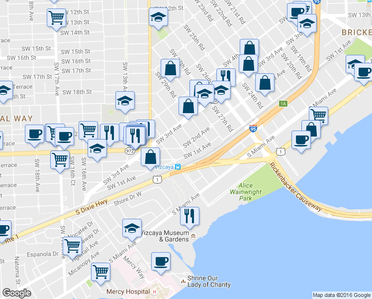 map of restaurants, bars, coffee shops, grocery stores, and more near 3055 Southwest 1st Avenue in Miami