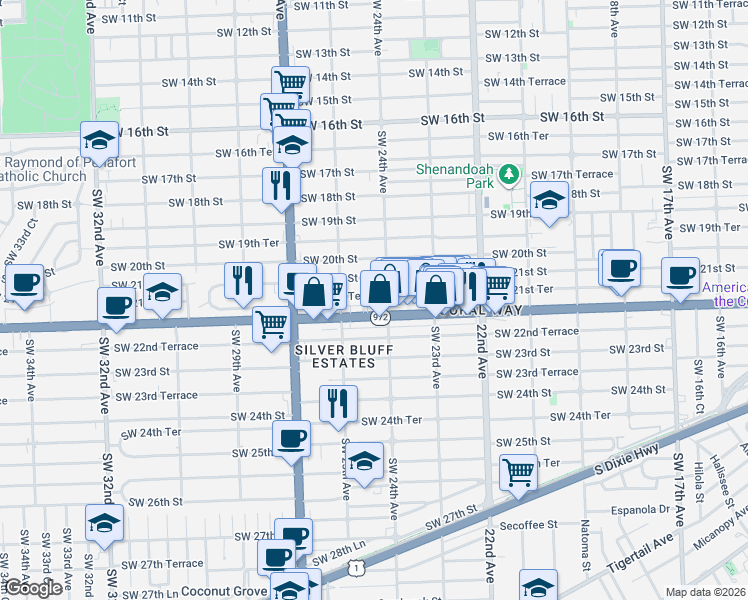 map of restaurants, bars, coffee shops, grocery stores, and more near 2441 Southwest 22nd Street in Miami