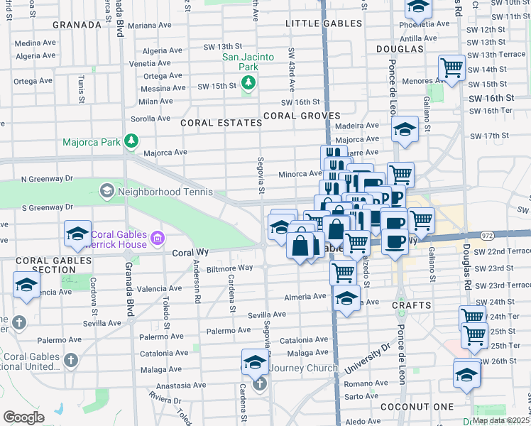 map of restaurants, bars, coffee shops, grocery stores, and more near 537 Aragon Avenue in Coral Gables