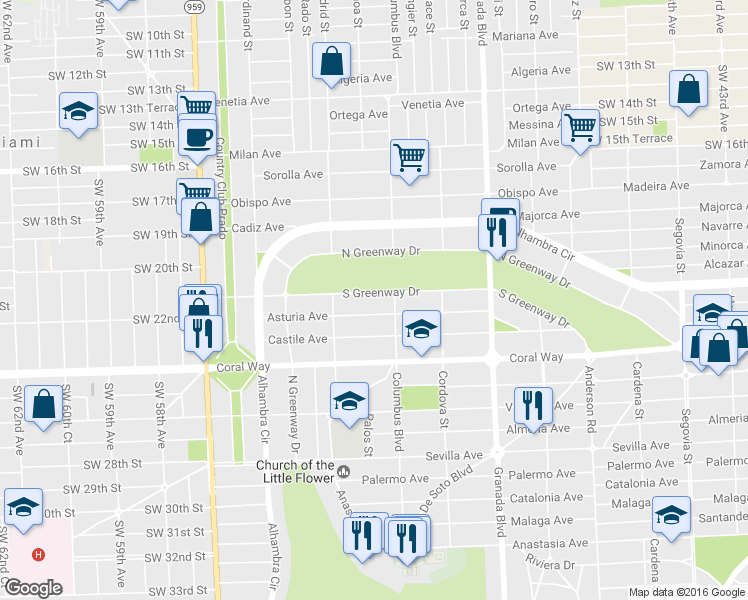 map of restaurants, bars, coffee shops, grocery stores, and more near 1216 Asturia Avenue in Coral Gables