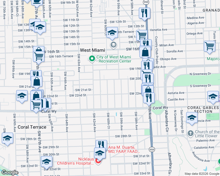 map of restaurants, bars, coffee shops, grocery stores, and more near 2160 Southwest 60th Court in Miami