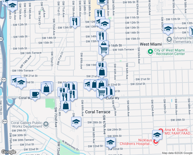 map of restaurants, bars, coffee shops, grocery stores, and more near 2138 Southwest 67th Avenue in Miami