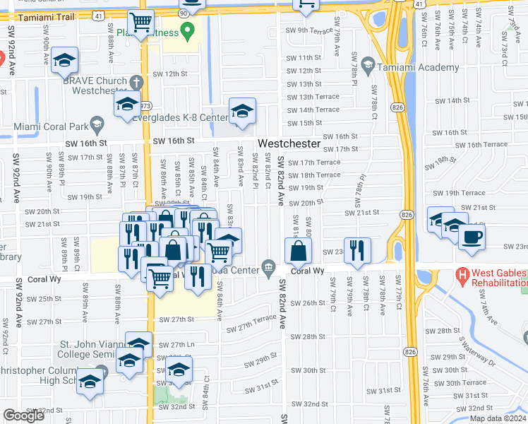 map of restaurants, bars, coffee shops, grocery stores, and more near 2100 Southwest 82nd Place in Miami