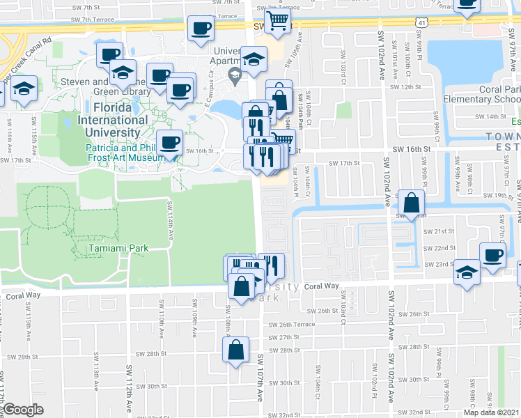 map of restaurants, bars, coffee shops, grocery stores, and more near 2000 Southwest 107th Avenue in Miami