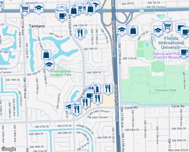 map of restaurants, bars, coffee shops, grocery stores, and more near 11835 Southwest 19th Lane in Miami