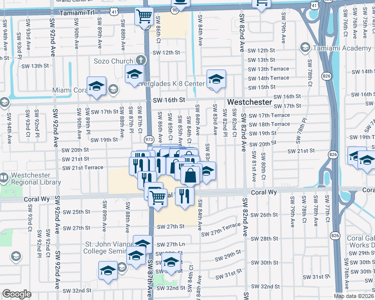 map of restaurants, bars, coffee shops, grocery stores, and more near 2022 Southwest 84th Court in Miami