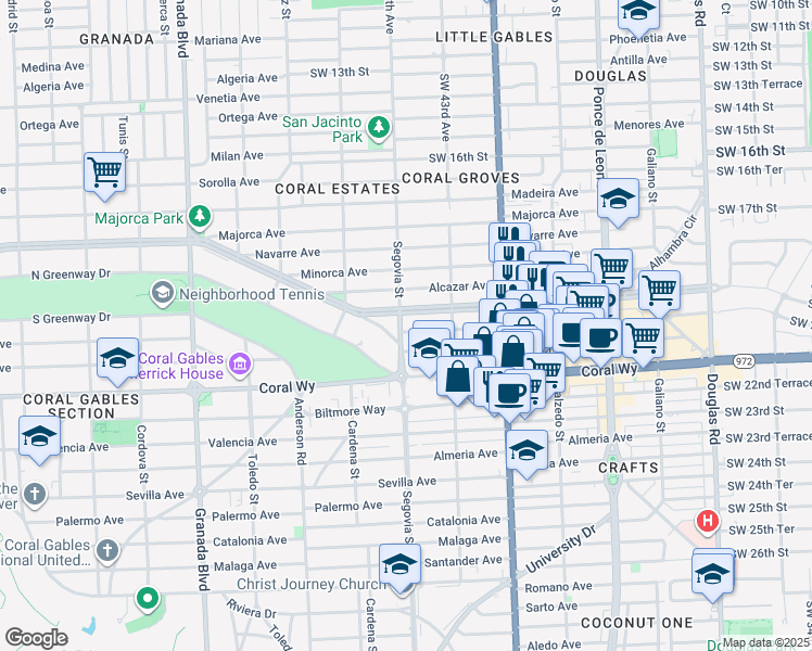 map of restaurants, bars, coffee shops, grocery stores, and more near 537 Aragon Avenue in Coral Gables