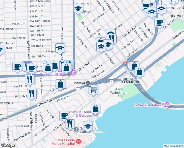 map of restaurants, bars, coffee shops, grocery stores, and more near 3055 Southwest 1st Avenue in Miami