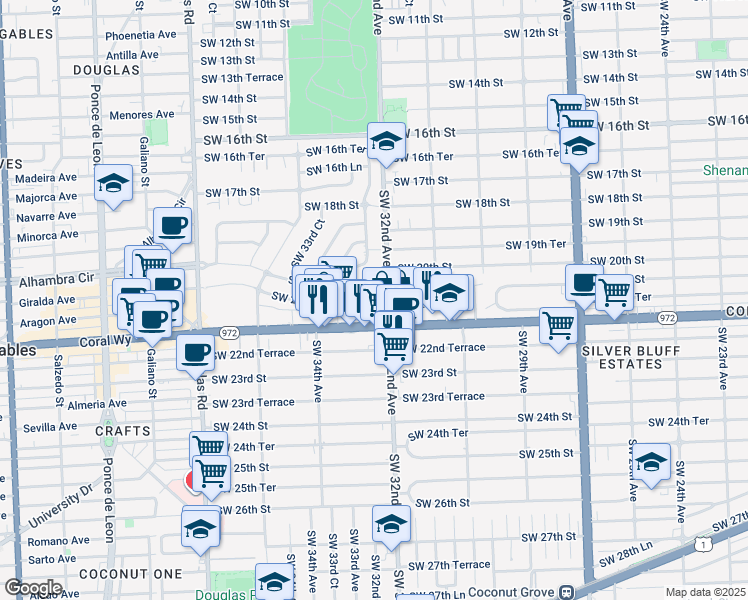 map of restaurants, bars, coffee shops, grocery stores, and more near 3235 Southwest 22nd Terrace in Miami