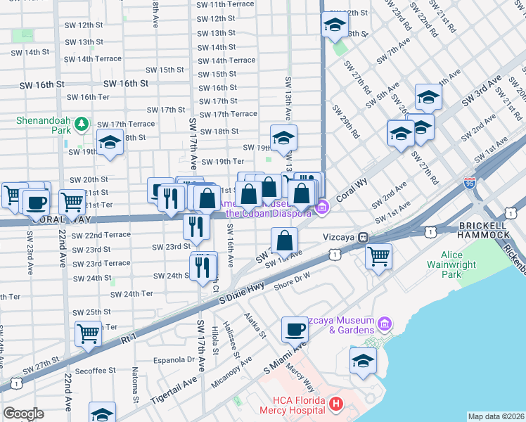 map of restaurants, bars, coffee shops, grocery stores, and more near 2218 Southwest 14th Avenue in Miami