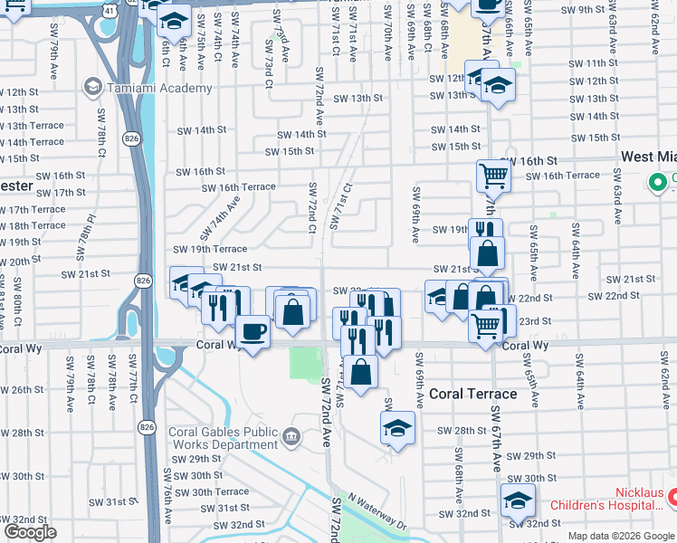 map of restaurants, bars, coffee shops, grocery stores, and more near 7197 Southwest 22nd Street in Miami