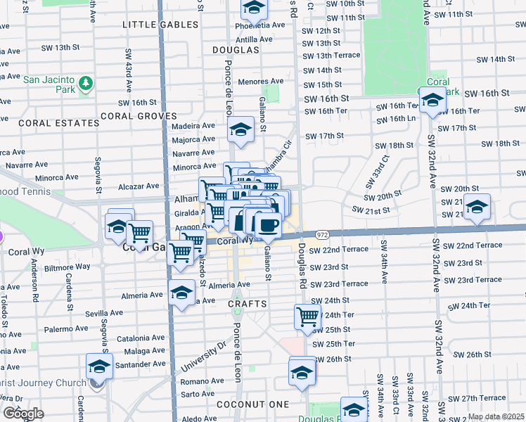 map of restaurants, bars, coffee shops, grocery stores, and more near 126 Aragon Avenue in Coral Gables