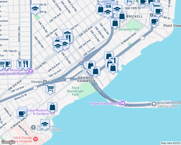 map of restaurants, bars, coffee shops, grocery stores, and more near 2500 Brickell Avenue in Miami