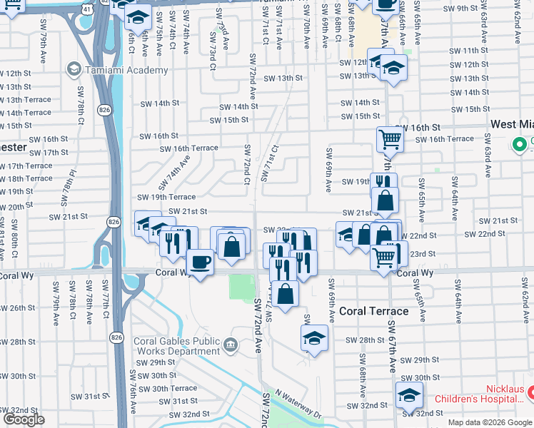 map of restaurants, bars, coffee shops, grocery stores, and more near 7197 Southwest 22nd Street in Miami