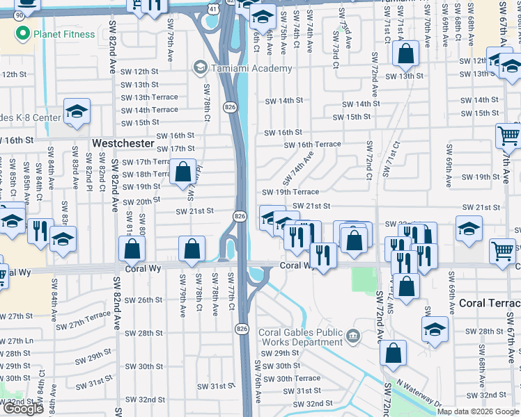 map of restaurants, bars, coffee shops, grocery stores, and more near 7630 Southwest 21st Terrace in Miami