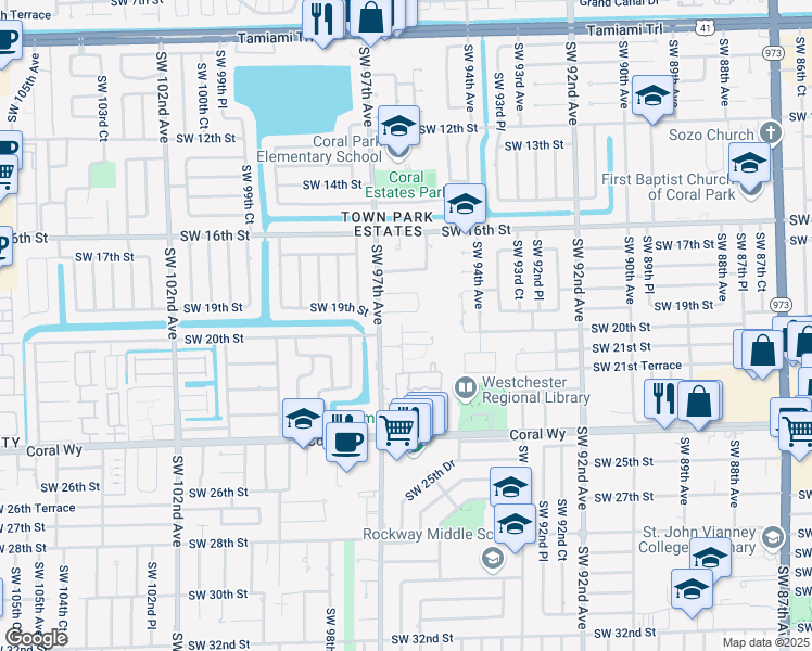 map of restaurants, bars, coffee shops, grocery stores, and more near 9532 Southwest 20th Terrace in Miami